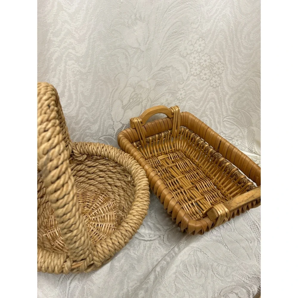 Vintage Woven Wicker Basket Set Round Rope Handle‎ and Rectangular Wood Handle